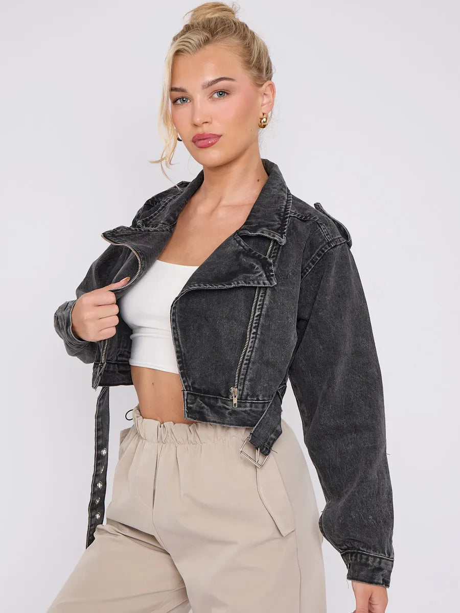 Black Cropped Zip Up Biker Denim Jacket –