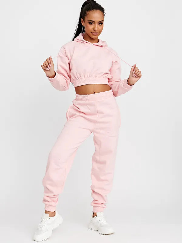 Pink Cropped Hoodie Jogger Fleece Loungewear Co ord