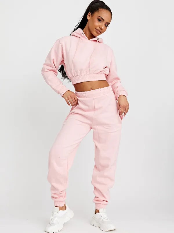 Pink Cropped Hoodie Jogger Fleece Loungewear Co ord
