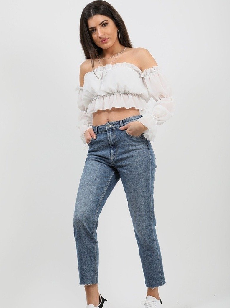 White Off Shoulder Ruched Frill Crop Top Forever Fashions Irish