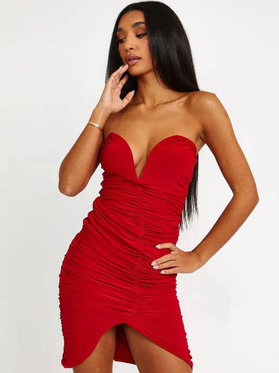Red V Bar Slinky Ruched Bandeau Bodycon Dress FavouriteClothing.ie
