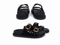 Women's Black Suede-Look Double Buckle Slide Sandals with Colorful Gem Studs - Platform Comfort & Style