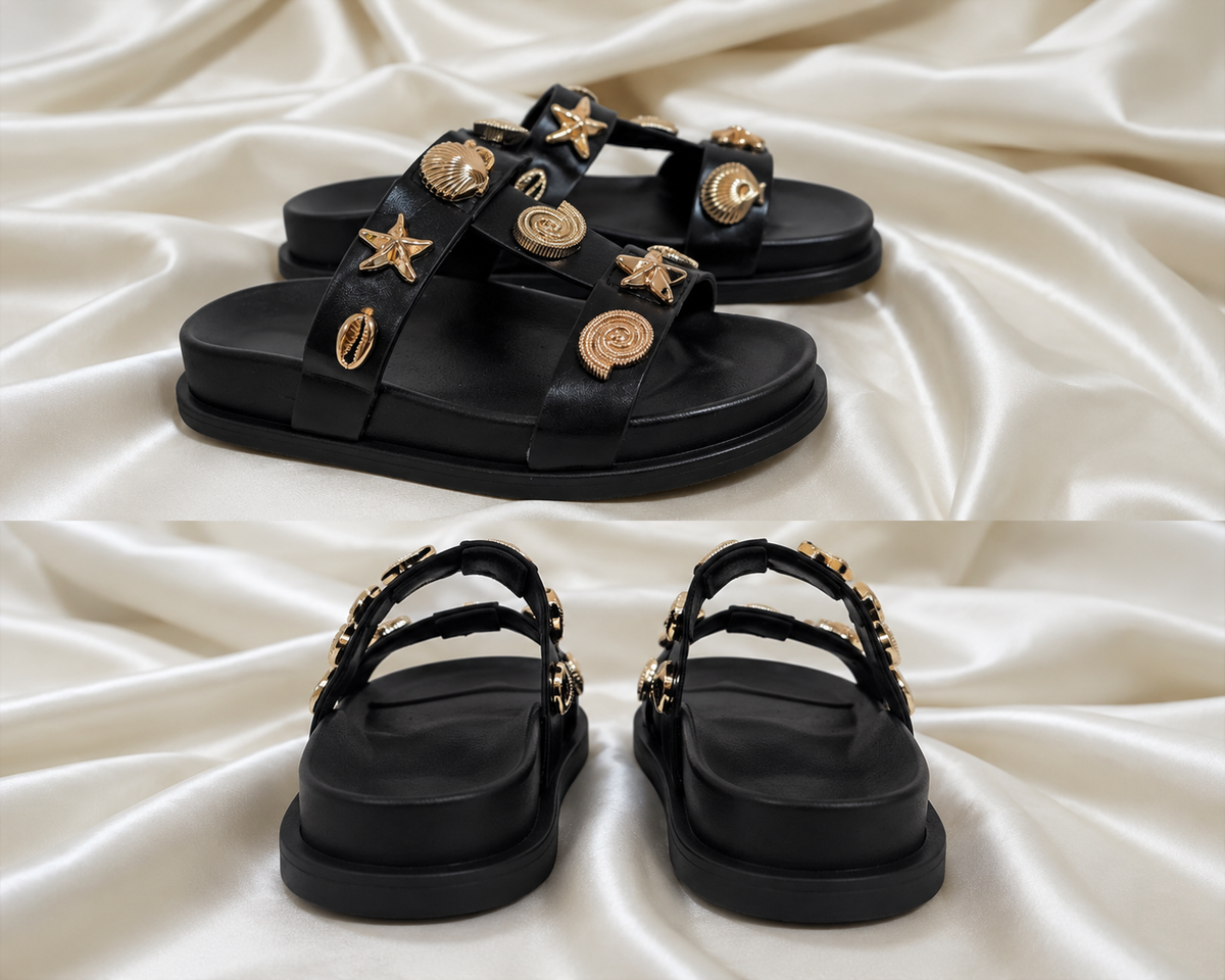 Women's Black Platform Slide Sandals with Gold Seashell & Starfish Embellishments | Chic Beach Summer Footwear