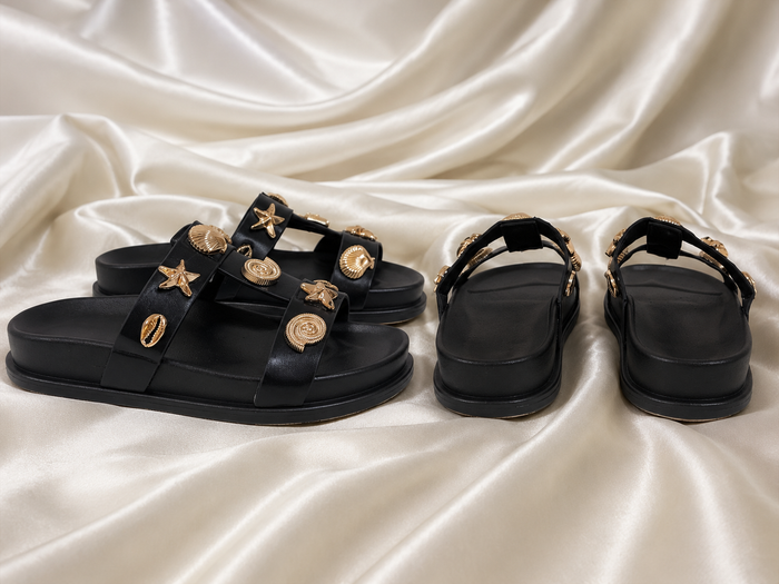 Women's Black Platform Slide Sandals with Gold Seashell & Starfish Embellishments | Chic Beach Summer Footwear