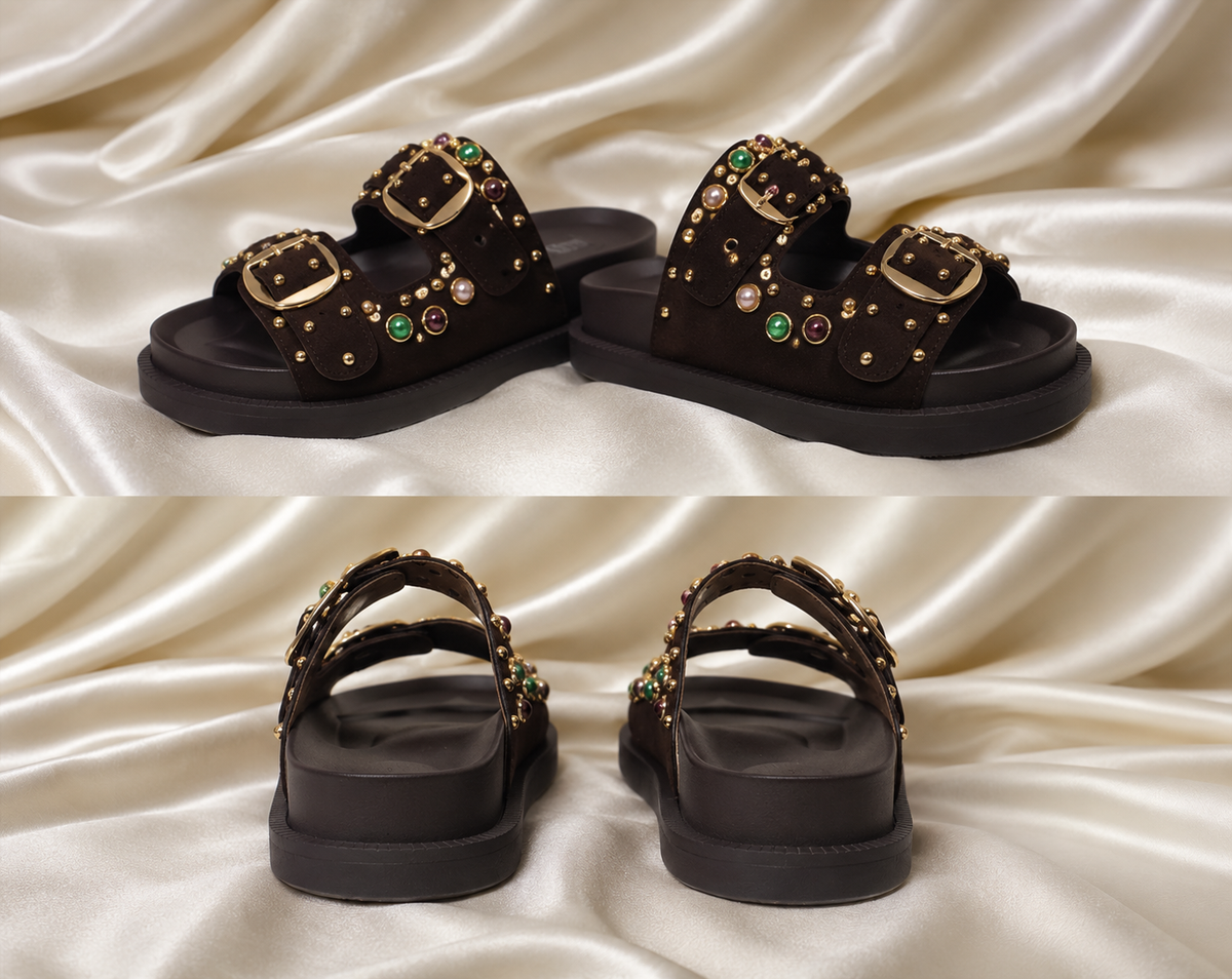 Chic Women's Embellished Two-Strap Slide Sandals with Studs & Colorful Gems - Platform Sole