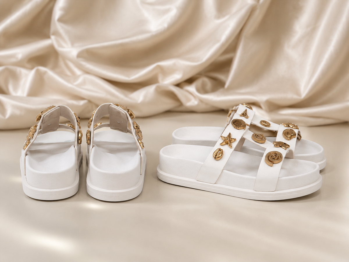 Women's White Platform Slide Sandals with Gold Ocean Charms | Chunky Sole Summer Beach Pool Shoes