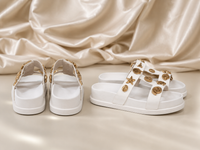 Women's White Platform Slide Sandals with Gold Ocean Charms | Chunky Sole Summer Beach Pool Shoes