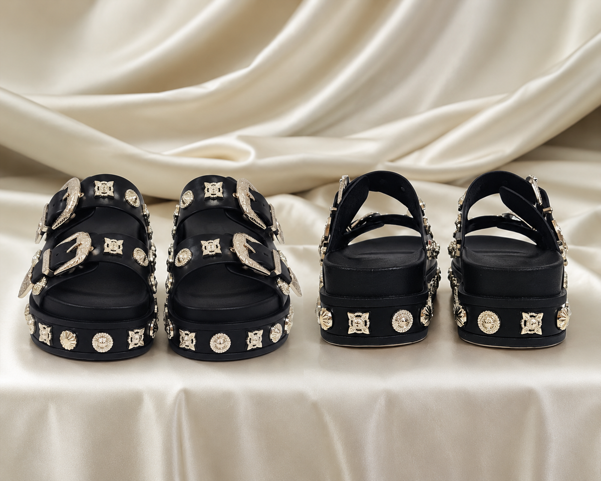 Women's Black Platform Buckle Sandals with Silver Studs - Edgy Chunky Slip-On Slides