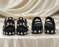 Women's Black Platform Buckle Sandals with Silver Studs - Edgy Chunky Slip-On Slides