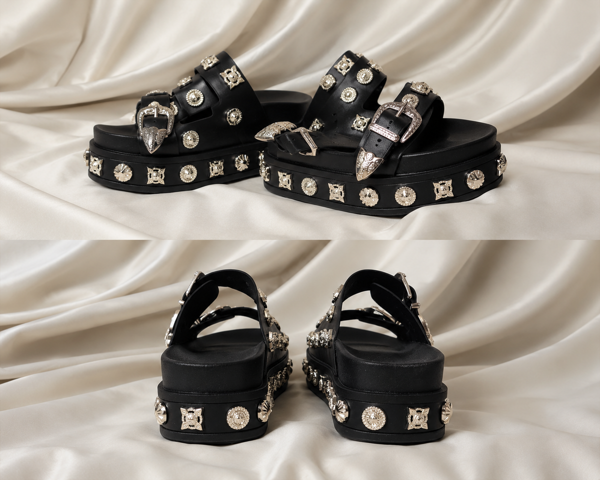 Women's Black Platform Buckle Sandals with Silver Studs - Edgy Chunky Slip-On Slides