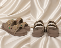 Women's Studded Double Buckle Slide Sandals - Gem Embellished Comfort Flat Summer Footwear in Tan Beige
