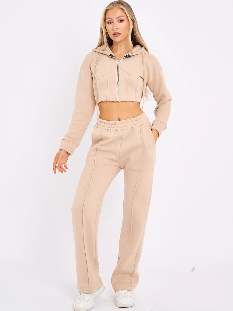 Stone Zip Up Cropped Hoodie Wide Leg Joggers Loungewear Set