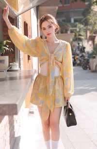 Women's Yellow Paisley Print Two Piece Short Set - Tie Front Crop Top & High Waisted Shorts Co-ord Outfit