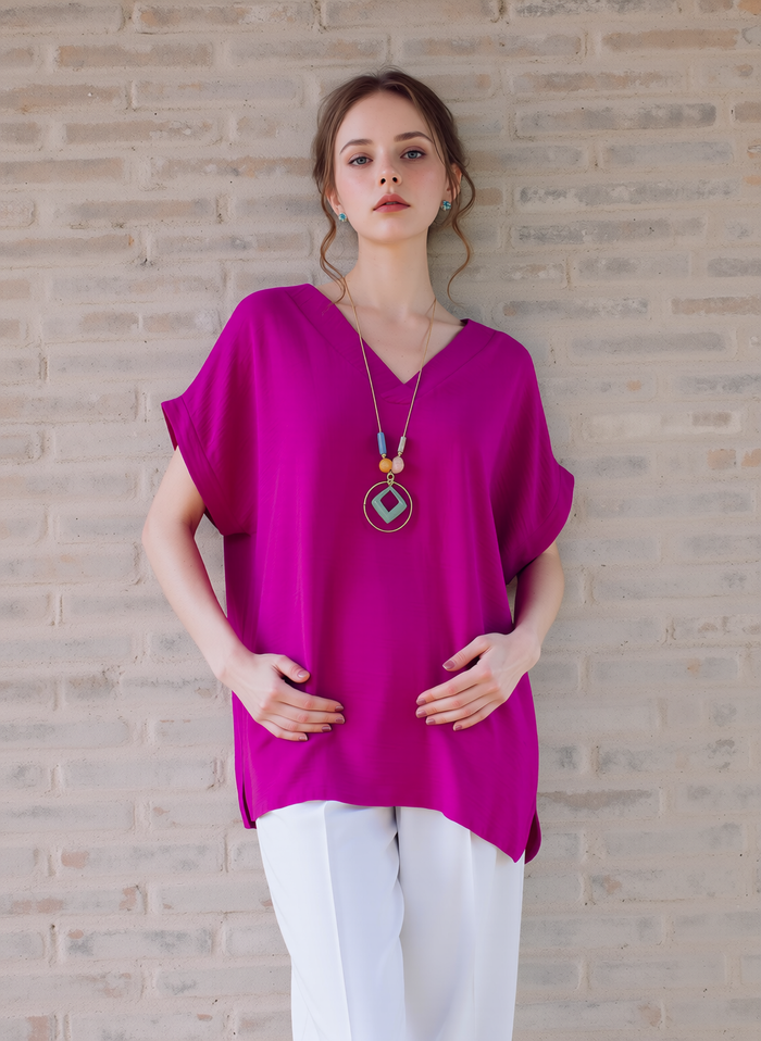 Vibrant Magenta Relaxed Fit V-Neck Tunic Top for Women - Stylish Short Sleeve Blouse