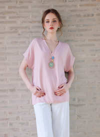 Women's Elegant Pink V-Neck Relaxed Fit Short Sleeve Blouse - Versatile & Stylish Top