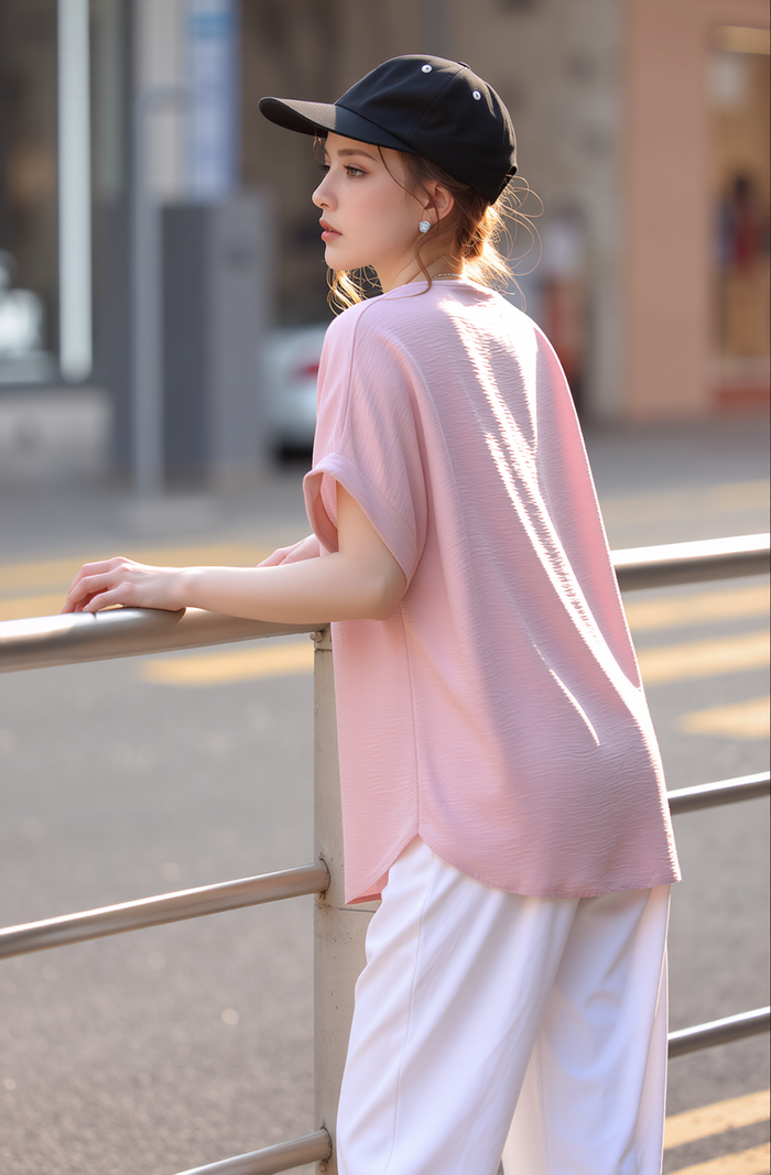 Women's Elegant Pink V-Neck Relaxed Fit Short Sleeve Blouse - Versatile & Stylish Top