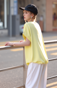 Women's Loose Fit V-Neck Tunic Top - Casual Short Sleeve Blouse in Sunshine Yellow for Summer & Spring