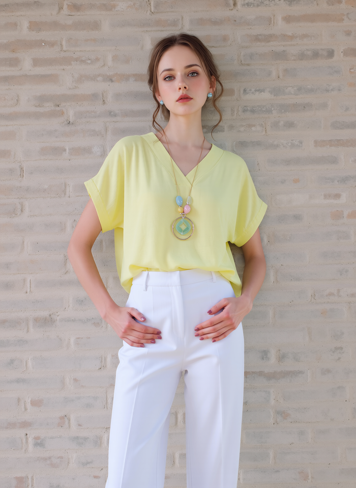 Women's Loose Fit V-Neck Tunic Top - Casual Short Sleeve Blouse in Sunshine Yellow for Summer & Spring