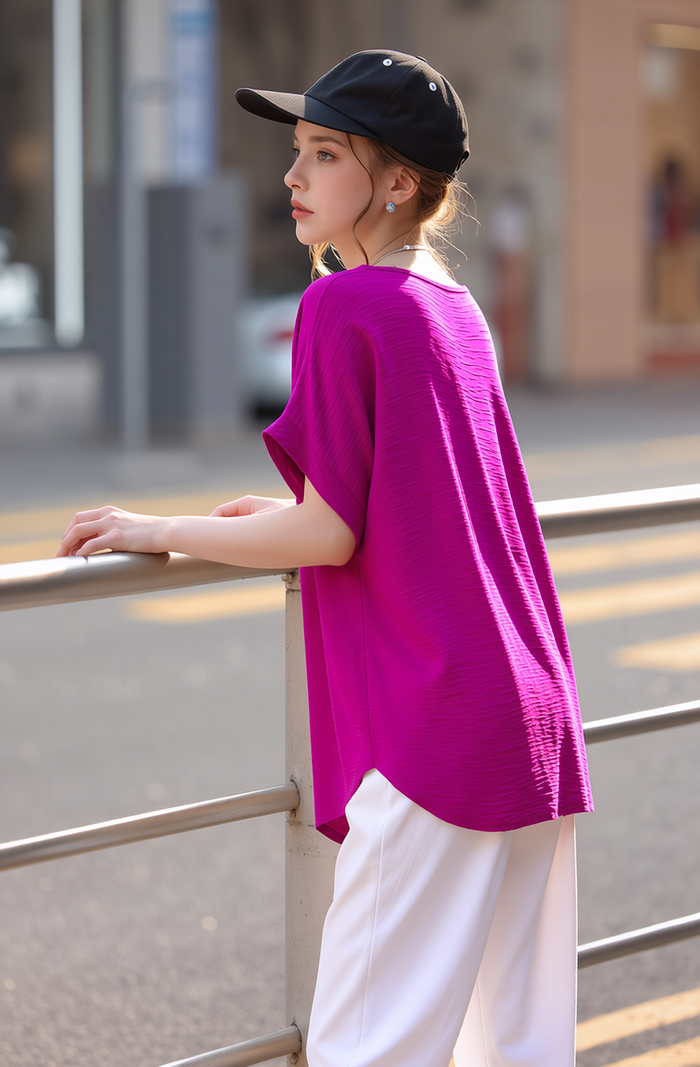 Vibrant Magenta Relaxed Fit V-Neck Tunic Top for Women - Stylish Short Sleeve Blouse