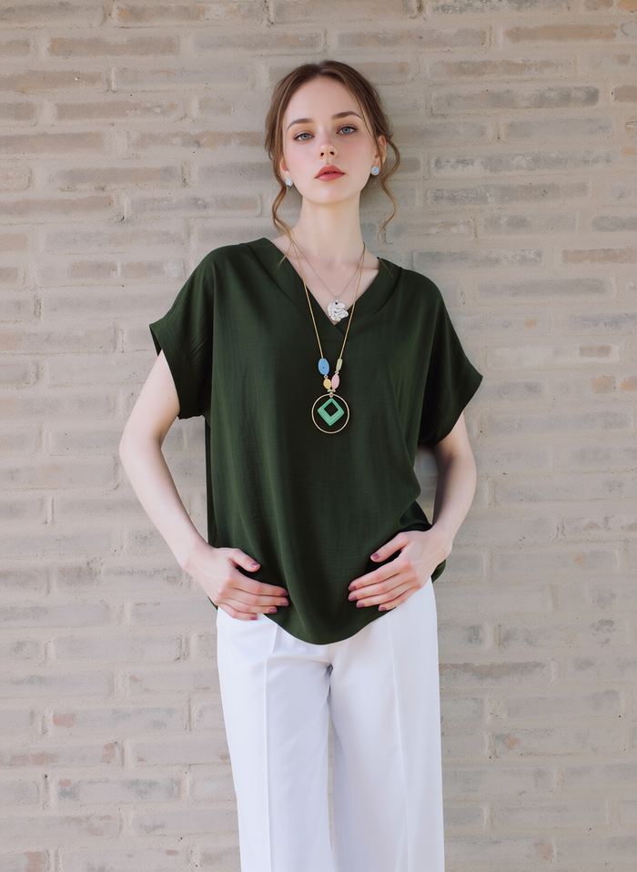 Women's Relaxed Fit Dark Green T-Shirt | Short Sleeve Loose Casual Top for Summer & Everyday Wear