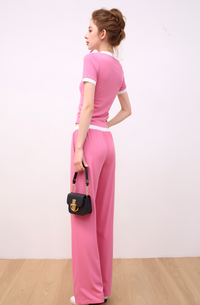 Women's Pink Two-Piece Tracksuit Set: Ringer Crop Top & Wide Leg Drawstring Pants - Comfy Lounge Wear