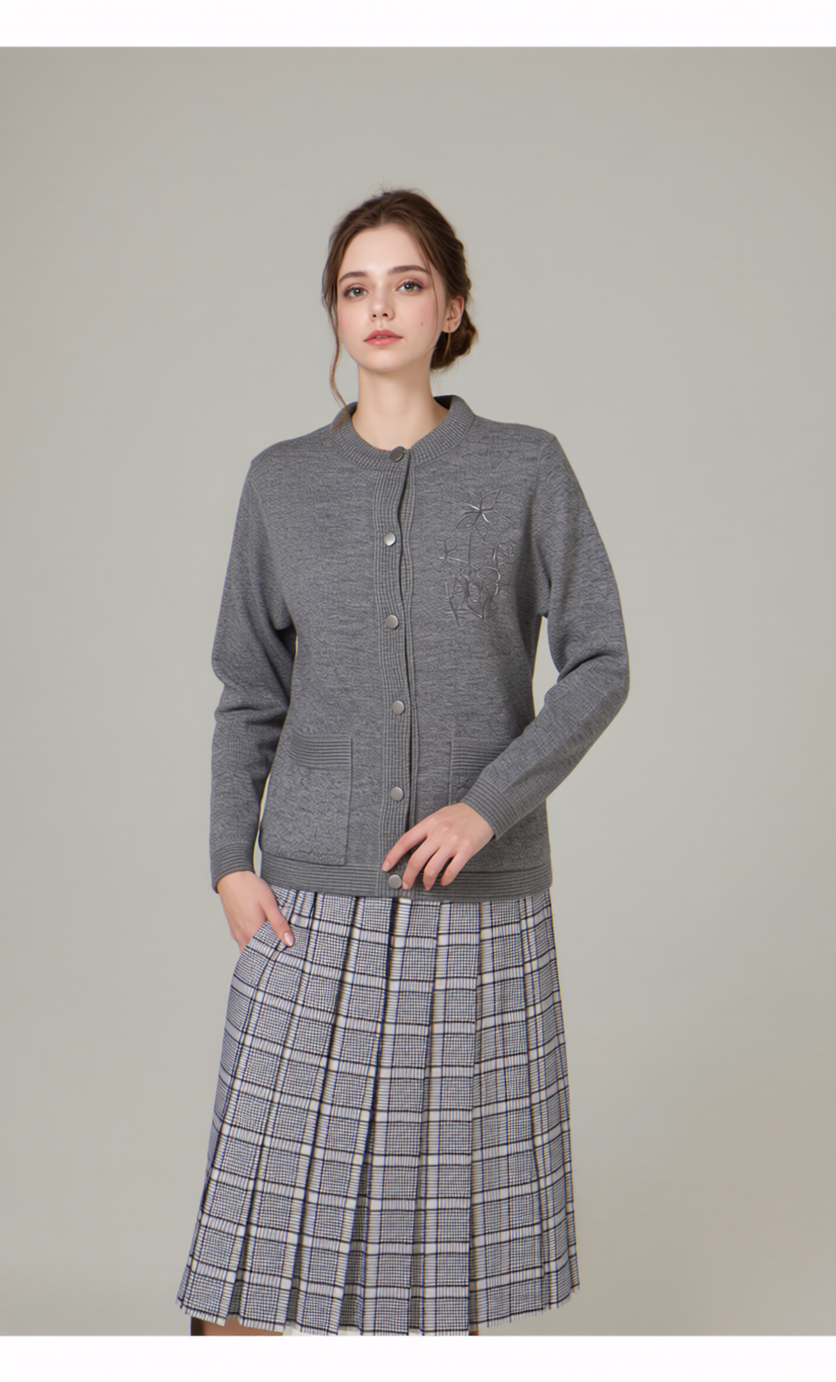 Grey Round Neck Button Cardigan