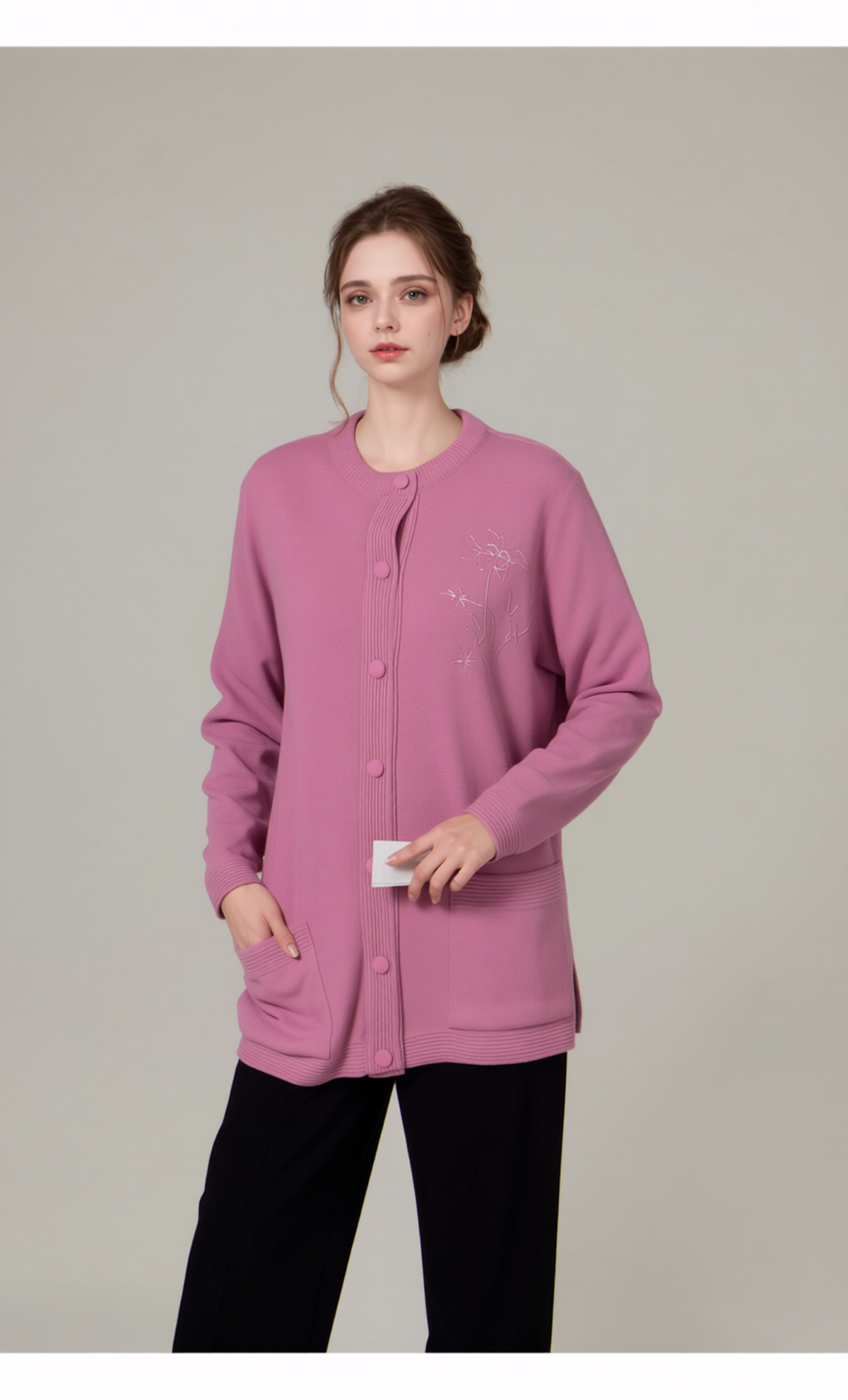 Pink Round Neck Button Pocket Cardigan
