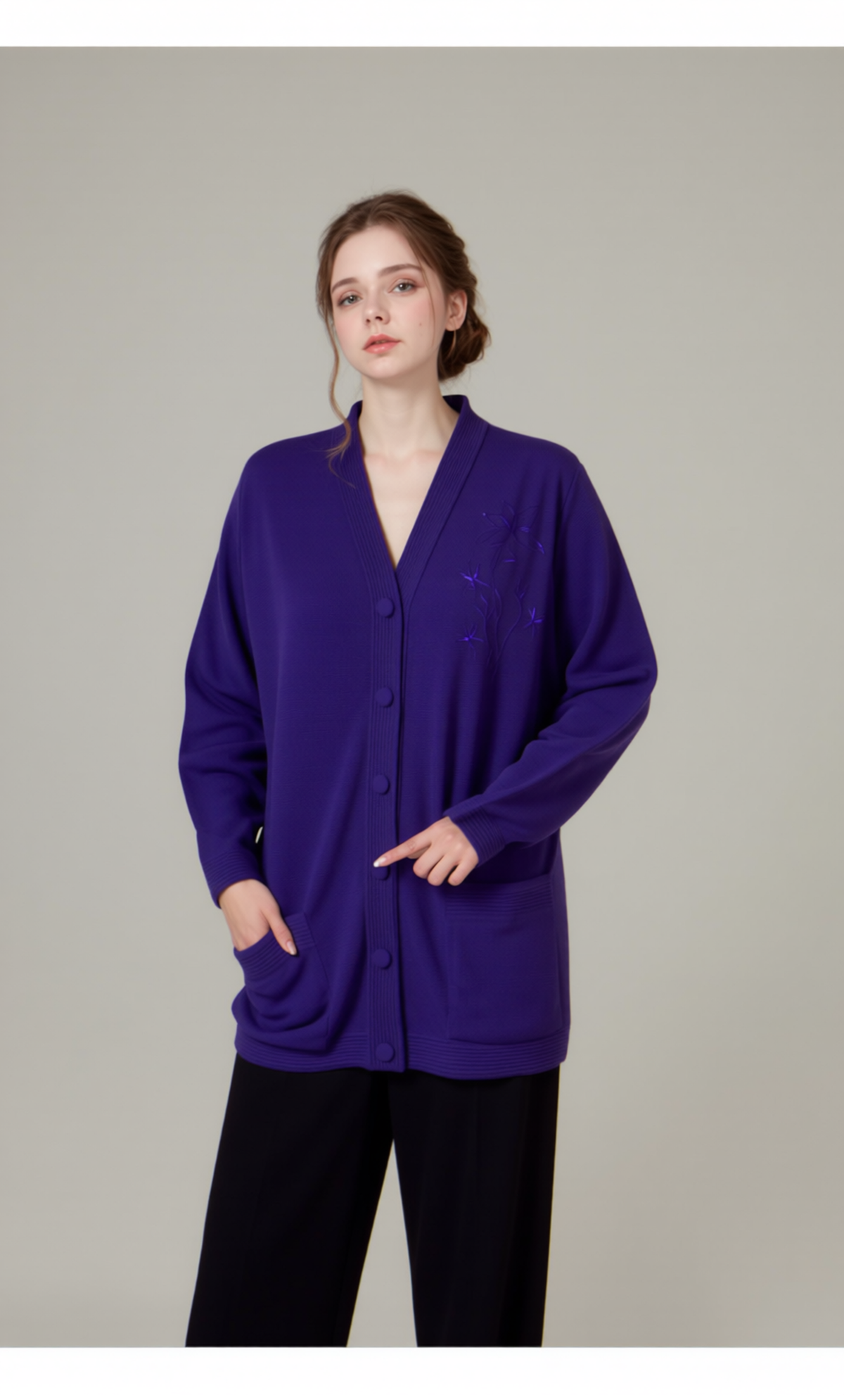 Purple V-Neck Button Pocket Cardigan