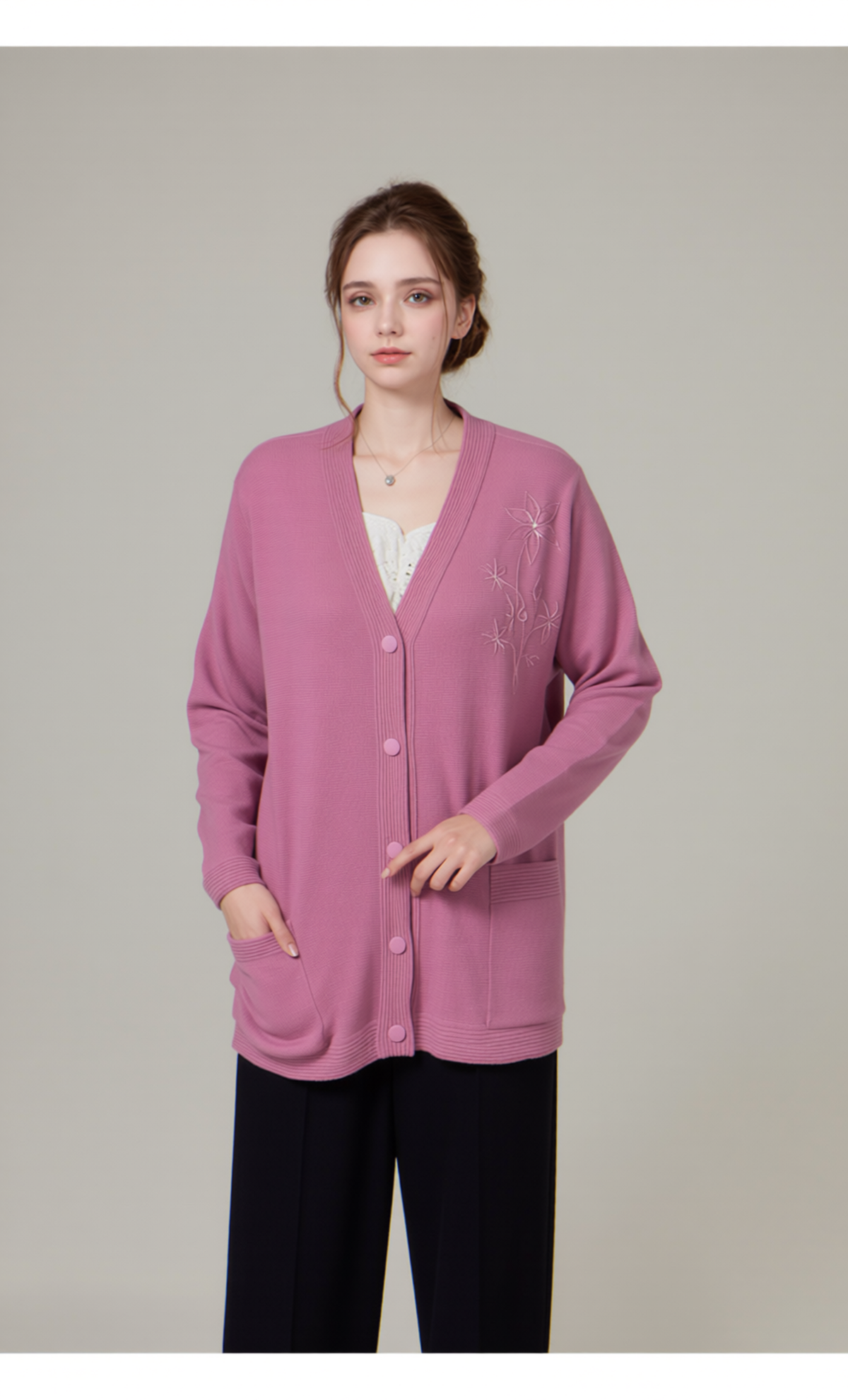 Pink V-Neck Button Pocket Cardigan