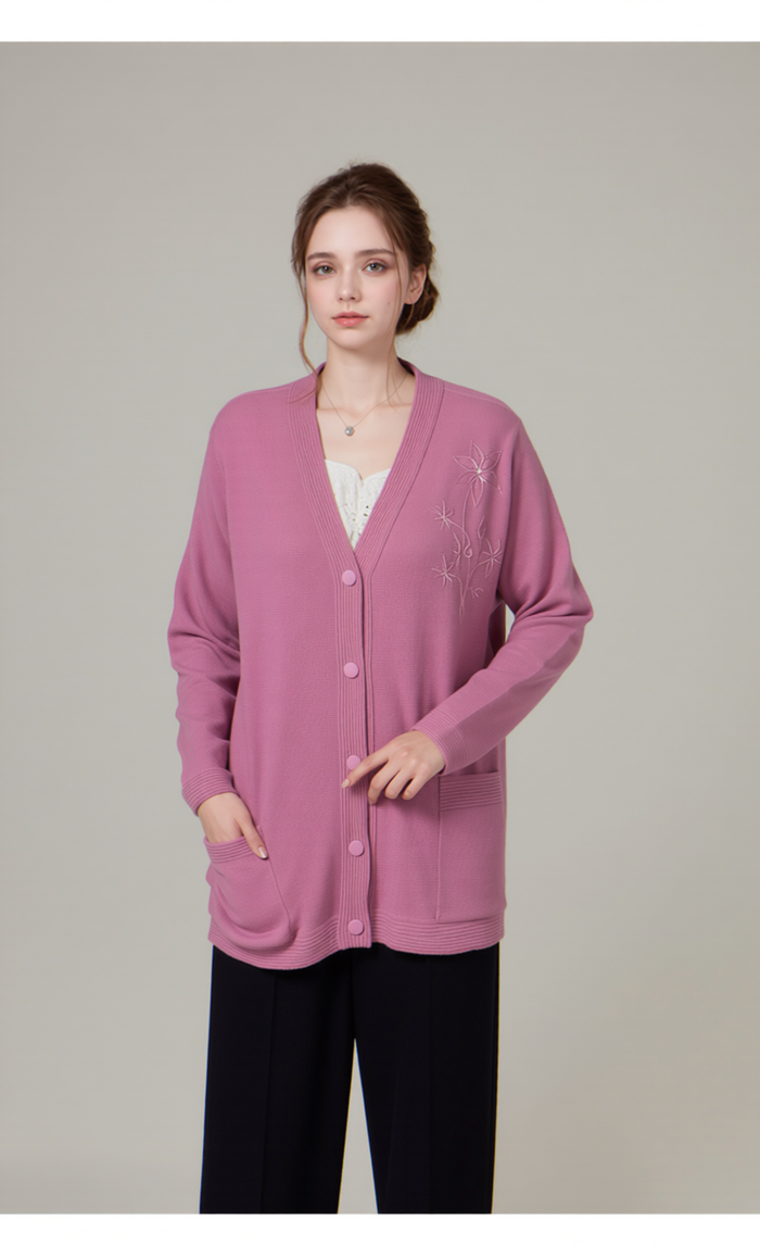 Pink V-Neck Button Pocket Cardigan