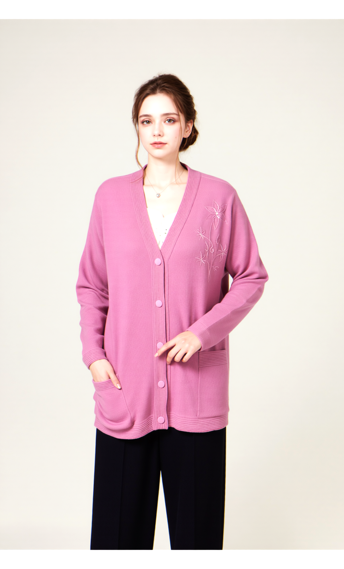 Pink V-Neck Button Pocket Cardigan