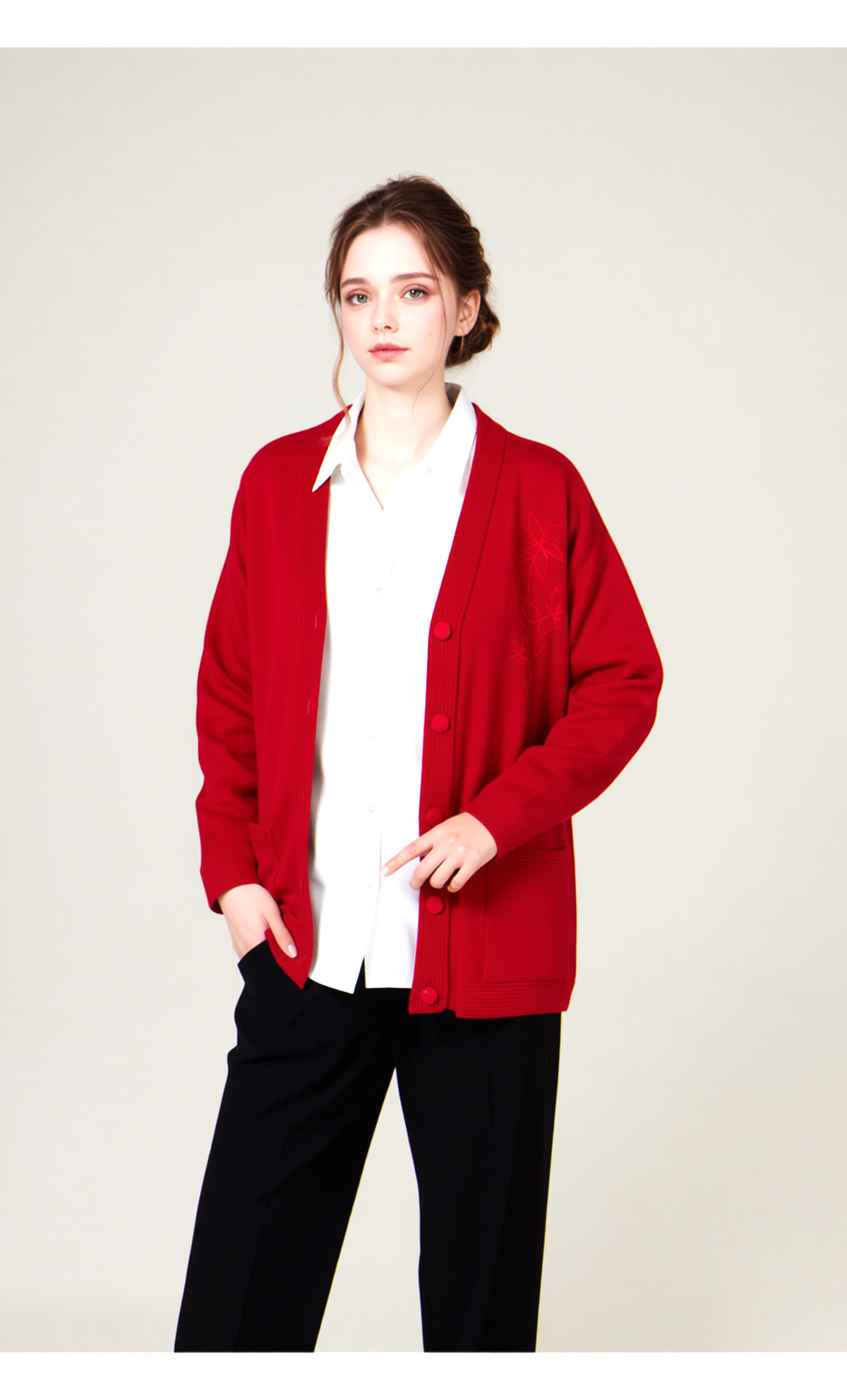 Red V-Neck Button Pocket Cardigan