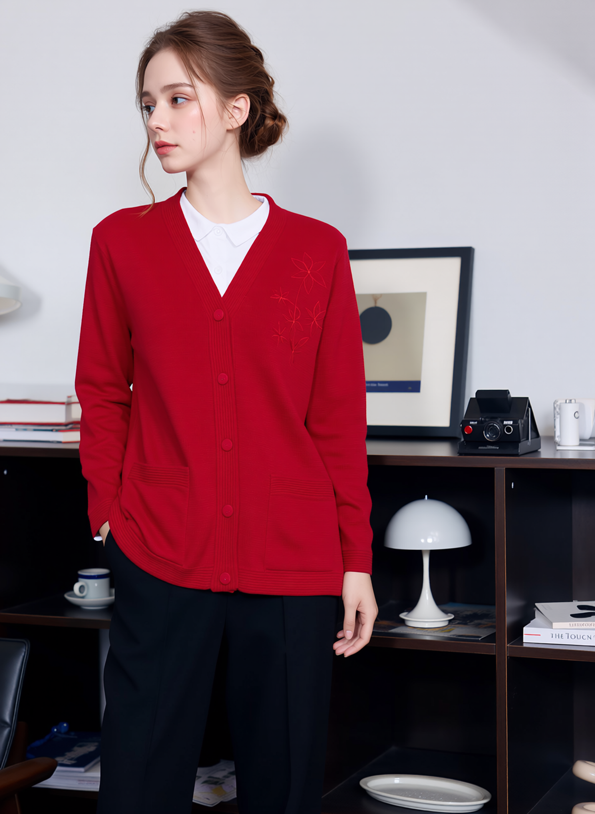 Red V-Neck Button Pocket Cardigan