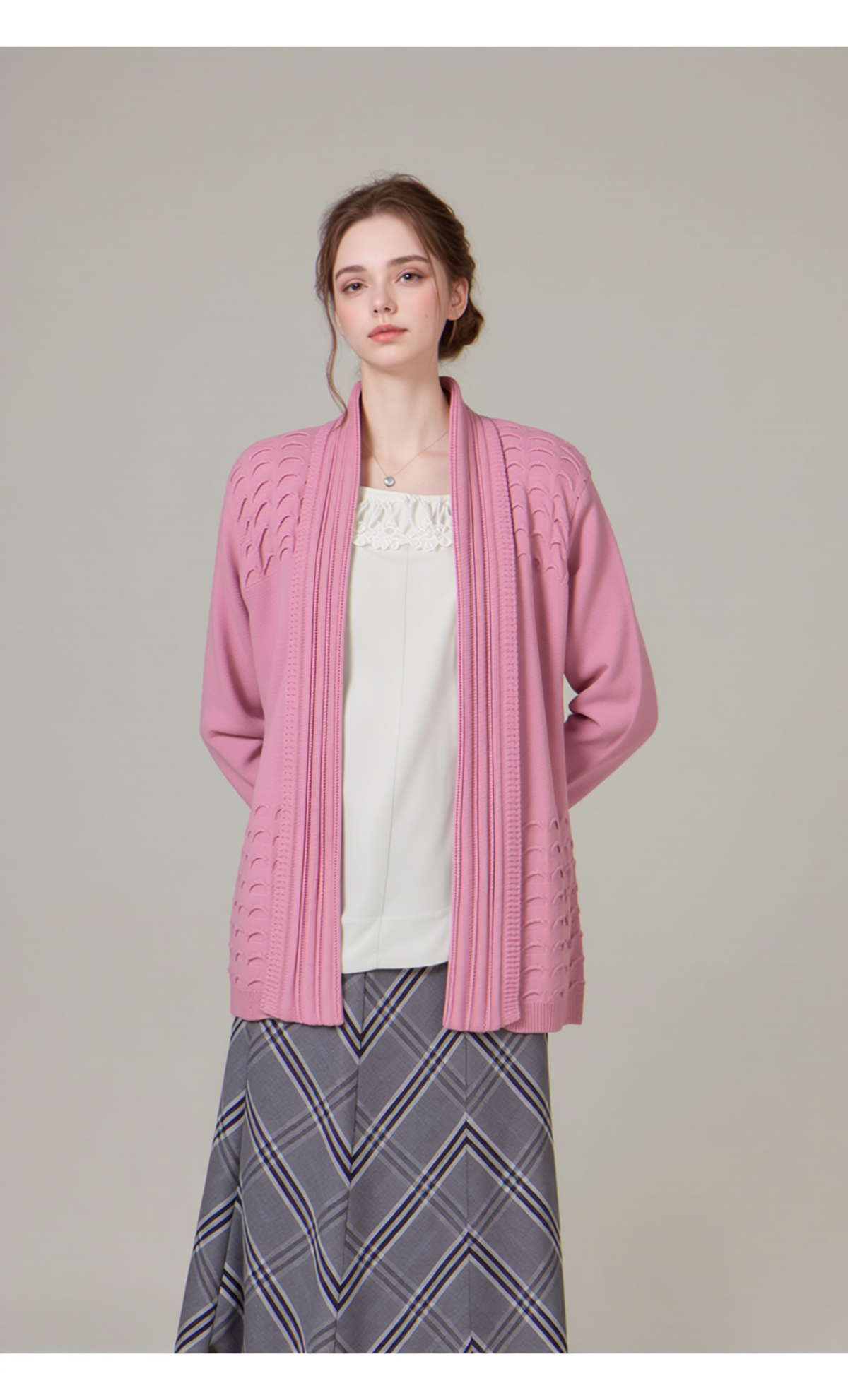 Pink Scallop Edge Open Cardigan