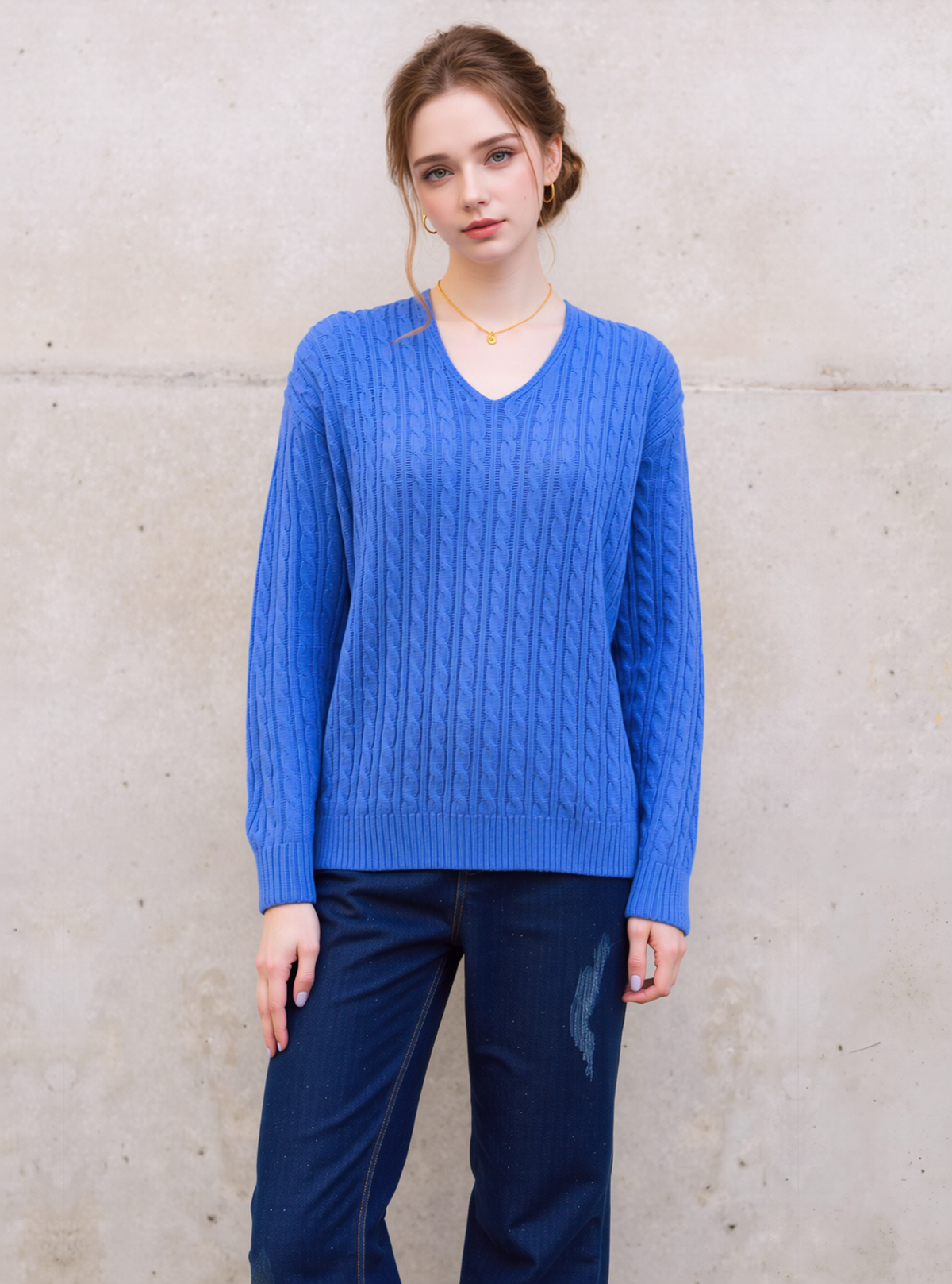 Blue V-Neck Cable Knit Jumper