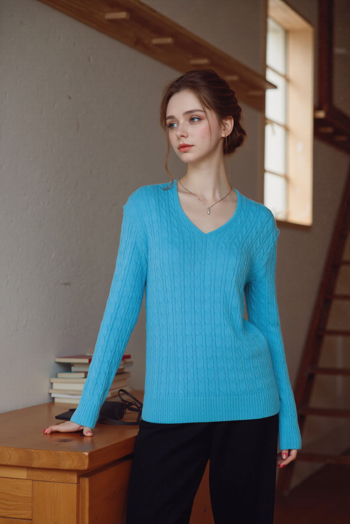 Turquoise V-Neck Cable Knit Jumper