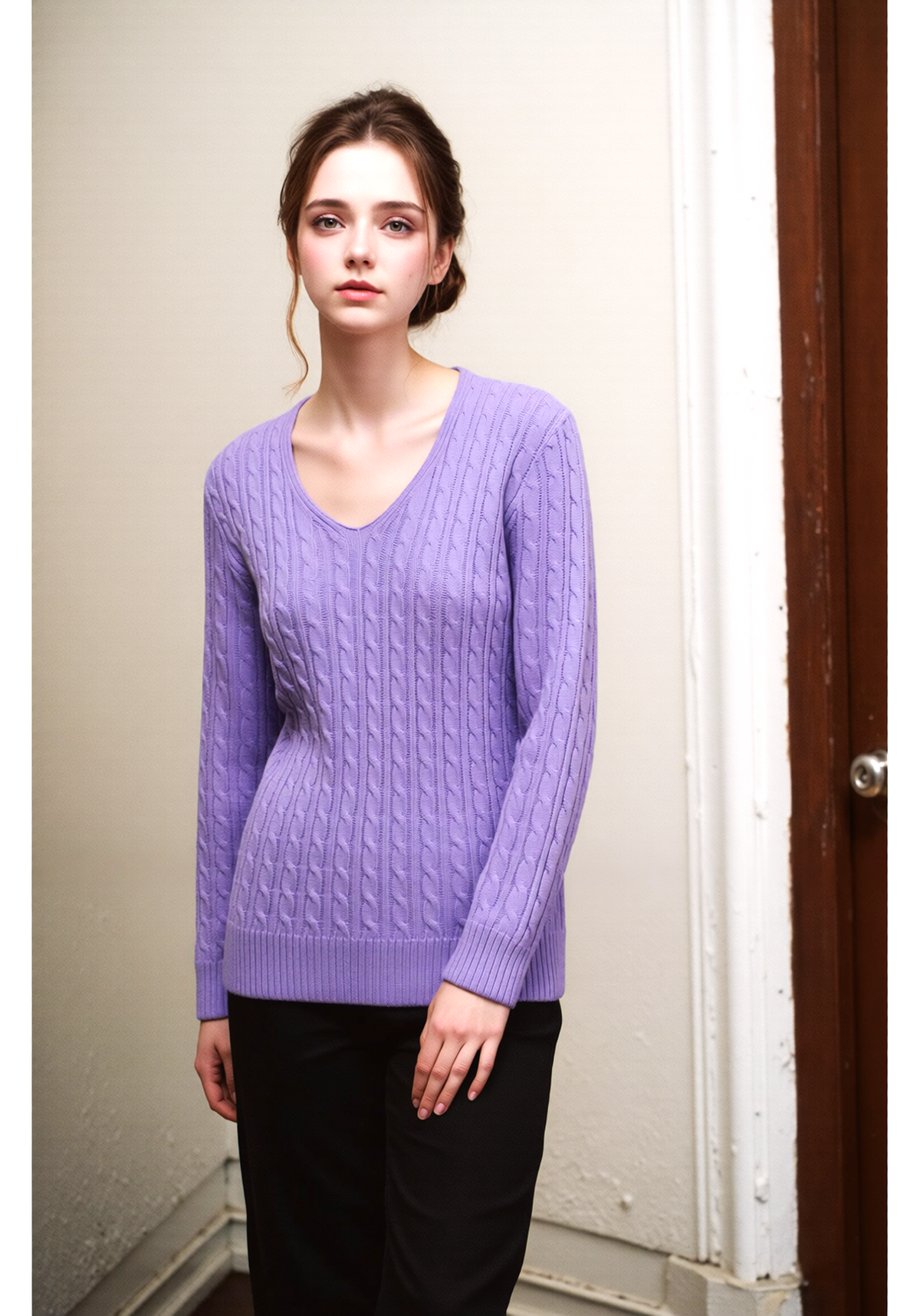 Lavender V-Neck Cable Knit Jumper