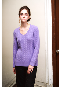 Lavender V-Neck Cable Knit Jumper