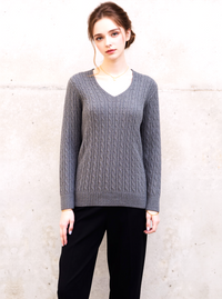 Grey V-Neck Cable Knit Jumper