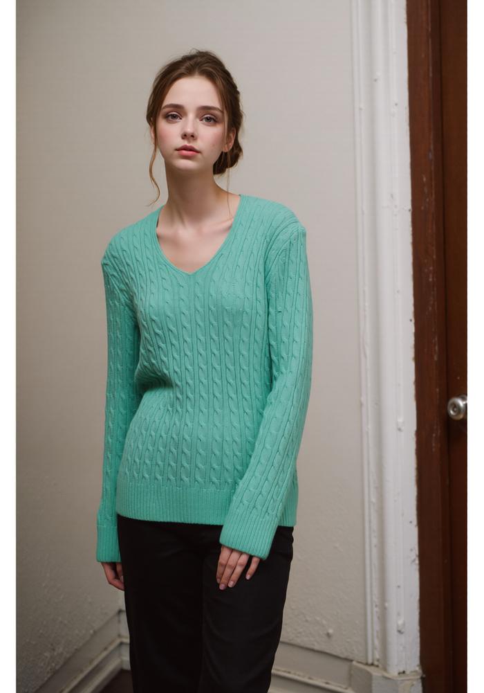 Green V-Neck Cable Knit Jumper