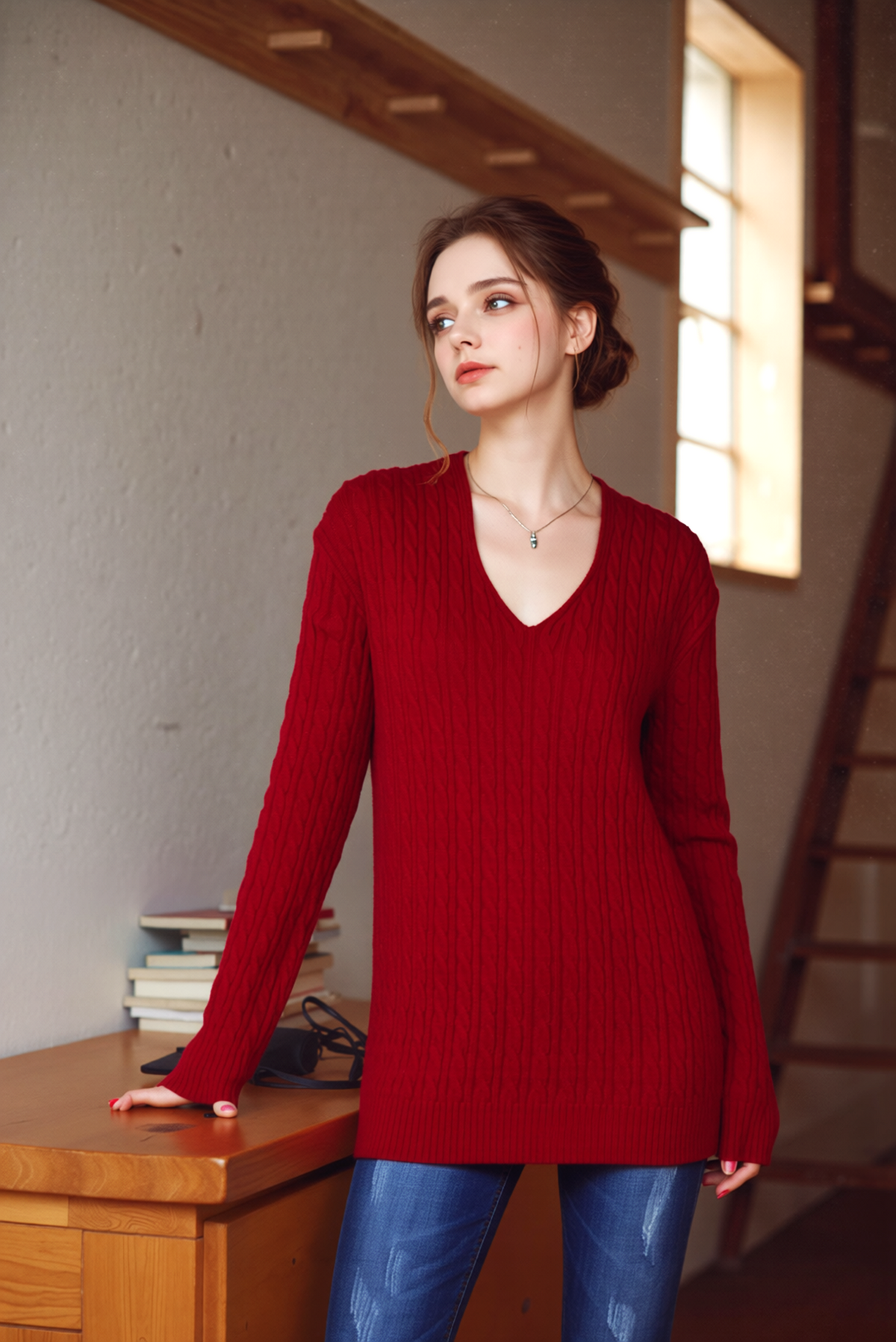 Red V-Neck Cable Knit Jumper