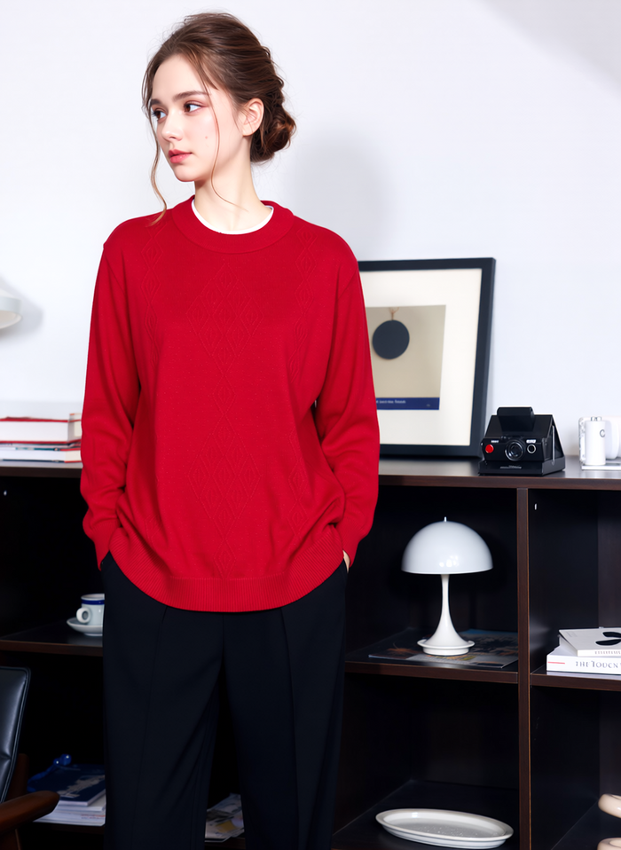 Red Round Neck Diamond Design Jumper