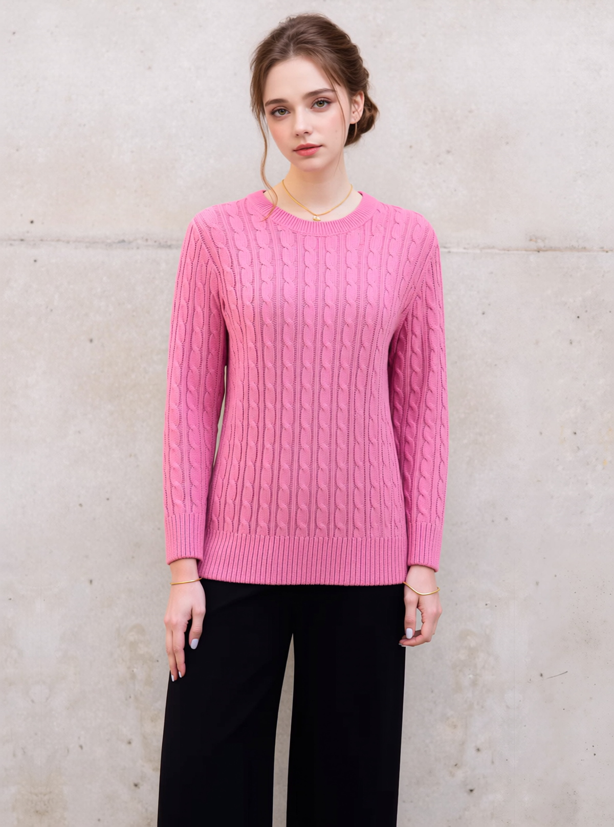 Pink Round Neck Cable Knit Jumper