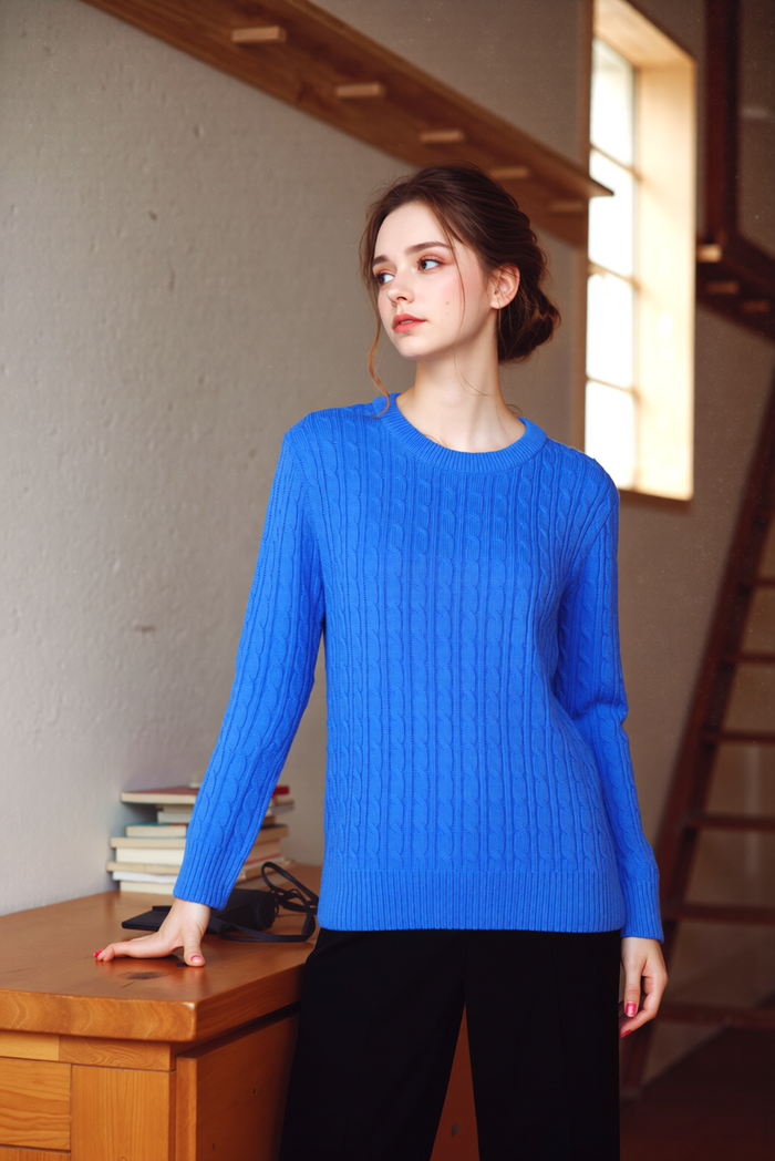 Blue Round Neck Cable Knit Jumper