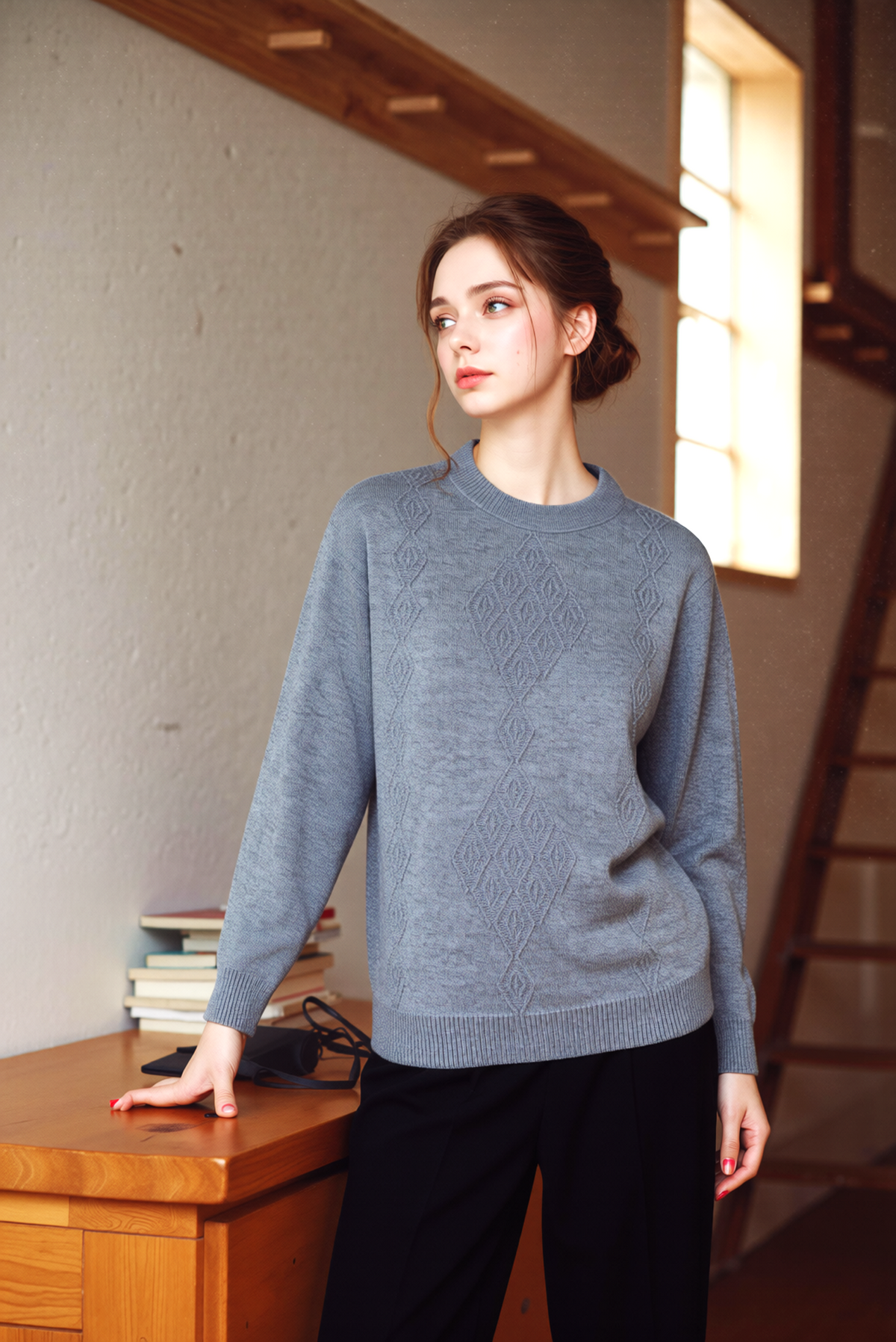 Grey Round Neck Diamond Design Jumper