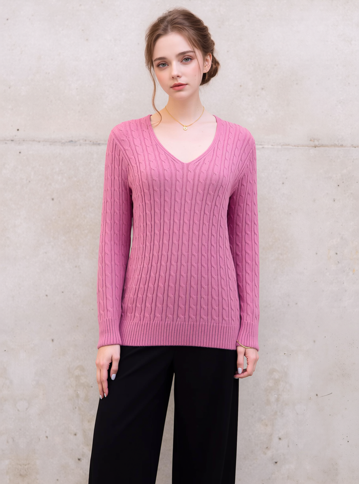Pink V-Neck Cable Knit Jumper