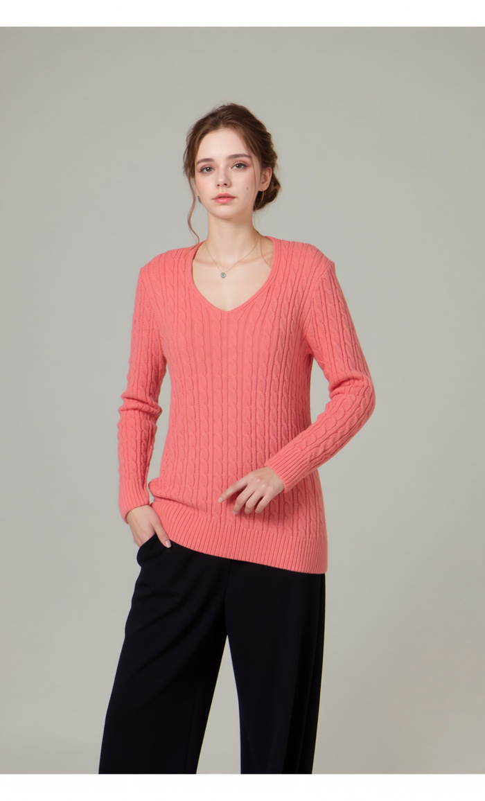 Coral V-Neck Cable Knit Jumper