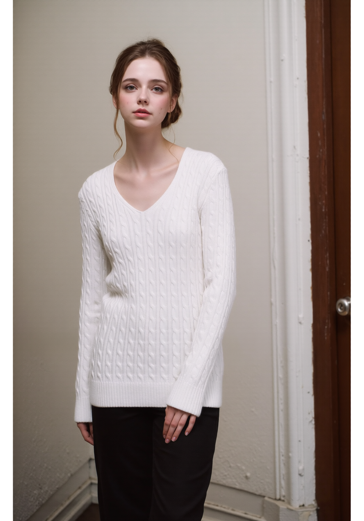 White V-Neck Cable Knit Jumper