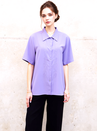 Lavender Collar Button Up Short Sleeve Blouse Top