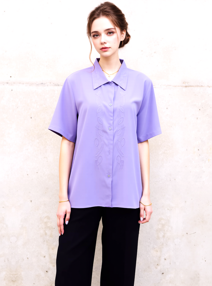 Lavender Collar Button Up Short Sleeve Blouse Top